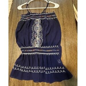 Extra Belleza BOHO Embroidered Tank Top Sleeveless Blouse Smocked Blue Size‎ L